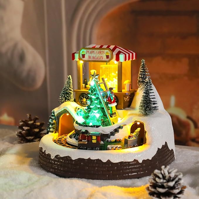WONDER GARDEN Christmas Village Houses-Christmas Houses Village - Lighted Colorful Musical Popcorn Wagon Collectible Buildings with Moving Train for Home Indoor Decor or Gift