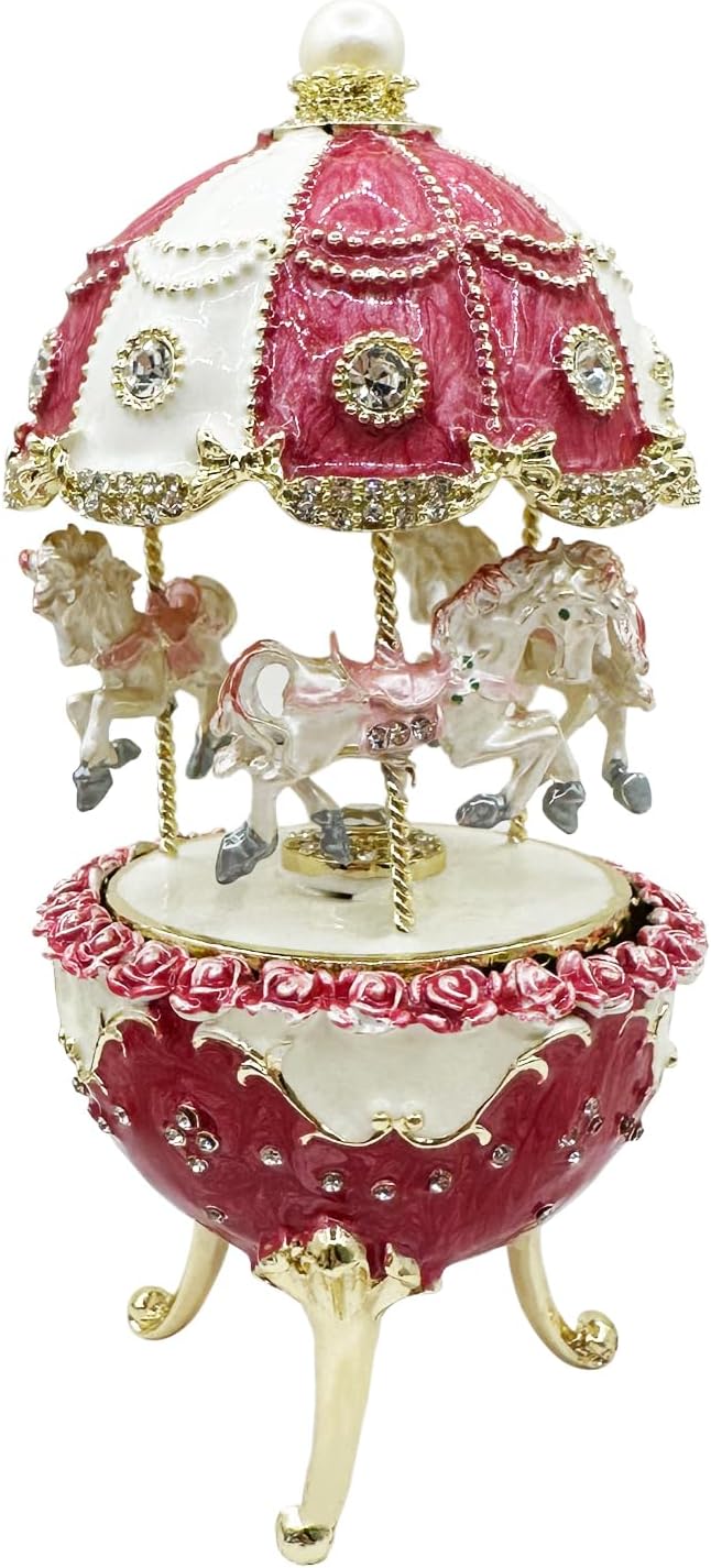 Carousel Music Box Figurine Pearl Dome, Rose Accents, Enameled Craft, Unique Home Decor & Gift Giving
