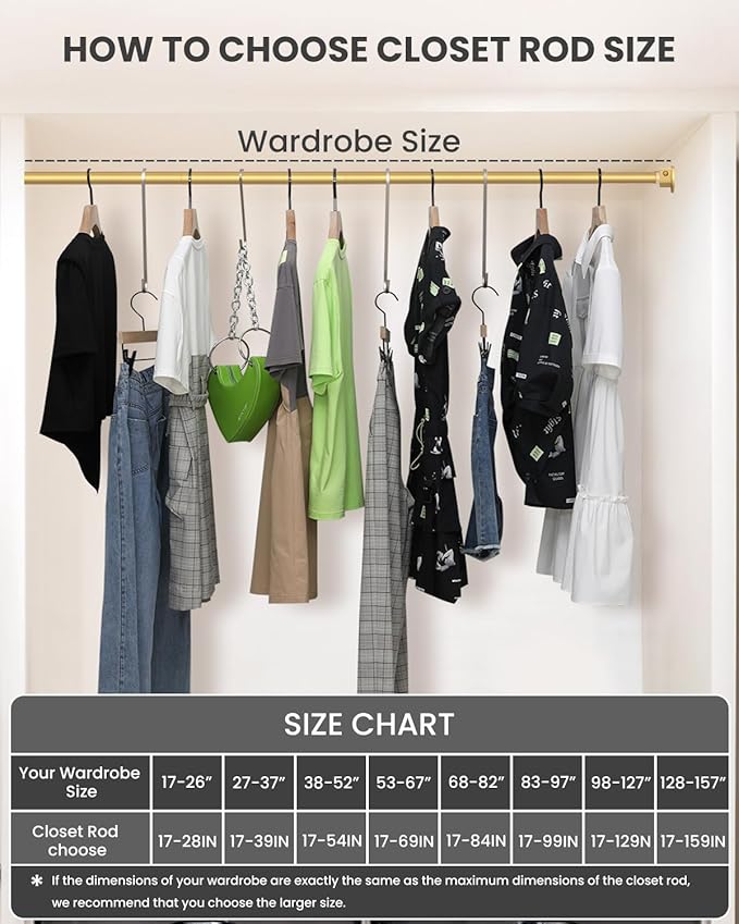 Closet Rods for Hanging Clothes, 17 to 99 Inches Stepless Adjustable Metal Closet Rod, 1.3 Inches Heavy Duty Clothes Hanging Rod for Closet Wardrobes Laundry RV, Golden