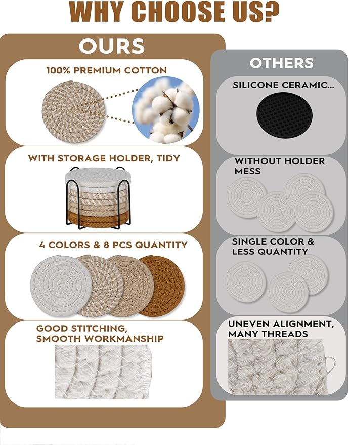 8 Pcs Drink Coasters with Holder, Boho Minimalist Cotton Woven Coasters Set for Drinks Absorbent Coffee Table Home Decor Bar Tabletop Protection, Suitable for Kinds of Cups 4.3 Inch