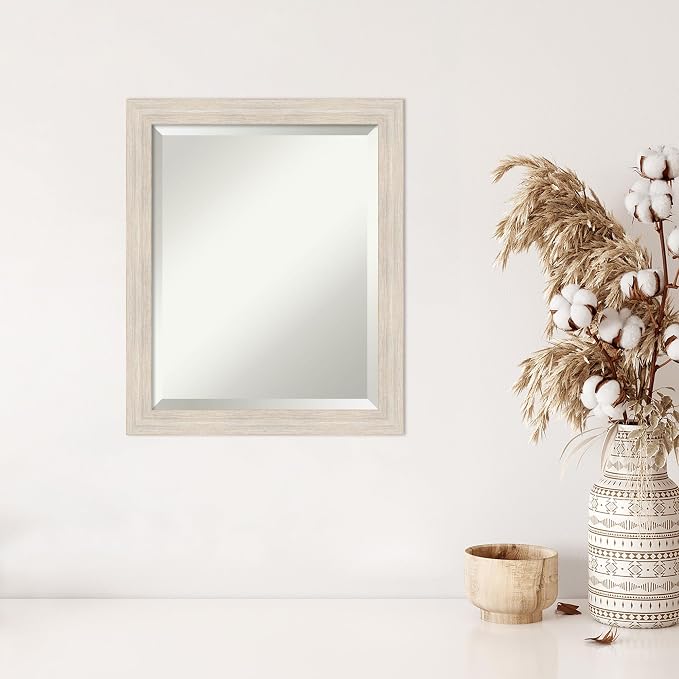 Amanti Art White Wall Mirror 23x19 Hardwood White Wash Narrow Rectangle Bathroom Mirror for Wall Decor Living Room, Small Country Rustic Wood Frame, Hangs Horizonally and Vertically, Bathroom Decor,