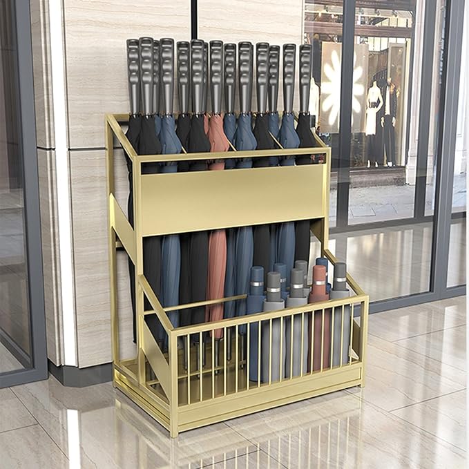 Commercial Metal Umbrella Stand Umbrella Holder, Corridor Entrance Umbrella Basket for Hotel School Cafe-with Drip Tray, Storage 30 Umbrellas (Color : Gold)
