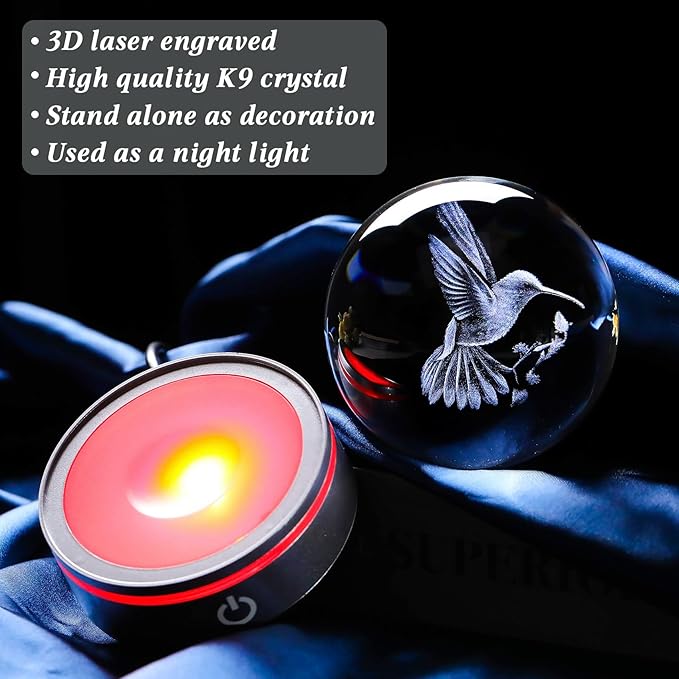 Movdyka 3D Crystal Ball Hummingbird Gifts for Women Men Glass Humming Bird Ornament Animals Figurine Home Decor with Colorful LED Base for Hummingbird Nature Lovers on Birthday Christmas- 3.15"/8CM