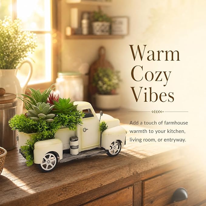 Farmhouse Metal Truck Decor with Artificial Succulents - Rustic Iron Pickup Truck with Removable Faux Succulent Planter for Entryway, Living Room, Coffee Bar Tabletop Decoration