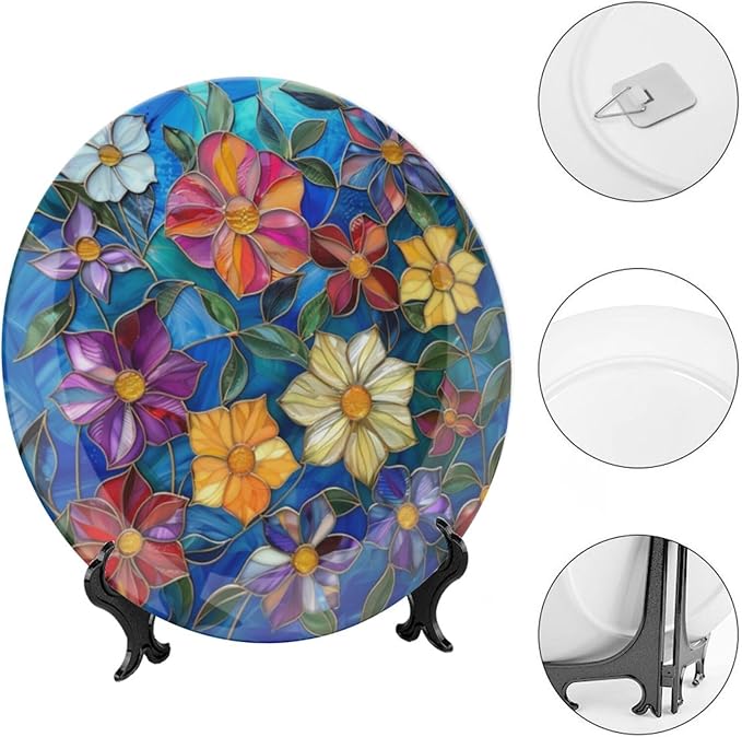 Stained Glass Theme Decorative Ceramic Plate Round Porcelain Plate,6 inch,Colorful Flowers Pattern,for Decorative Ornaments Giving Plates, 1 Plate with 1 Display Stand,Multicolor