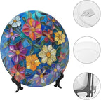 Stained Glass Theme Decorative Ceramic Plate Round Porcelain Plate,10 inch,Colorful Flowers Pattern,for Decorative Ornaments Giving Plates, 1 Plate with 1 Display Stand,Multicolor