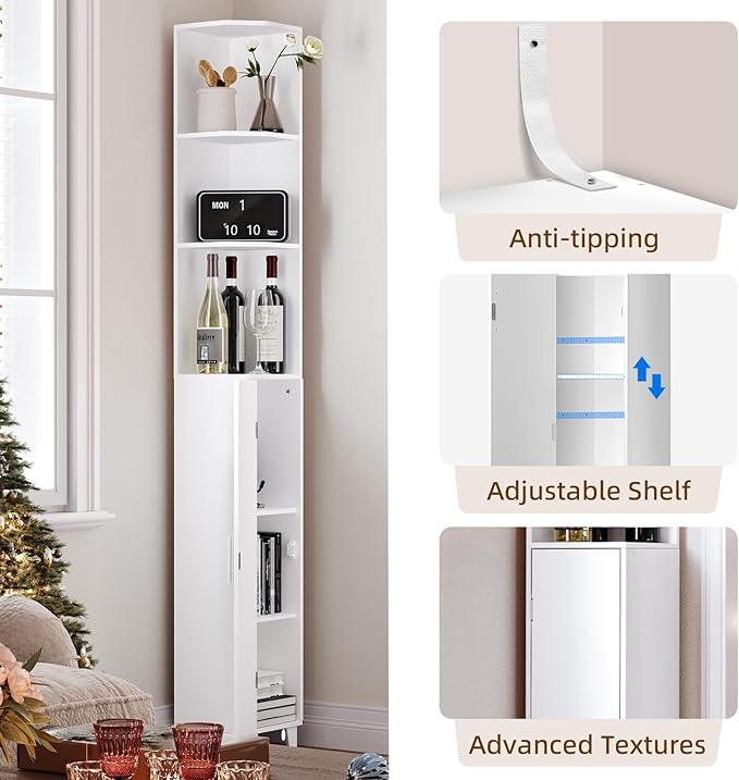 MOHOPE Corner Shelf with Cabinet, 74.8" Tall Corner Cabinet with Door, 5-Tier Narrow Bookshelf with Adjustable Shelves, Display Cabinets for Living Room, Bathroom, Dining Room, Small Space, White