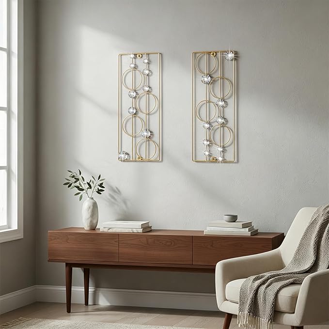 ZEXUIRU 2 Pcs Abstract Metal Art for Wall Decor Living Room Bedroom Bathroom Office Metal Bling Modern Geometric Hanging Vertical Small Iron Sculpture Plaque Pack -Gold 15.7in