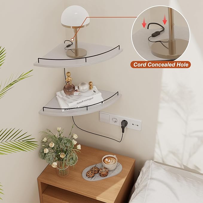 JJL Corner Shelf Wall Mounted, 12 Inches 2-Tier Floating Corner Shelf, Fan-Shaped Rustic Wood Decor with Fence, White Floating Shelves for Apartment Bedroom Kitchen Bathroom