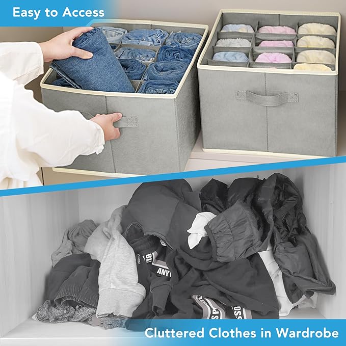 3 Pcs 12 Cell Large Size Pants Organizers for Clothes, Jeans, Sweater, T-shirt, Dress Stackable for Wardrobe Closet Drawer Organizer Storage Bin Container, Grey