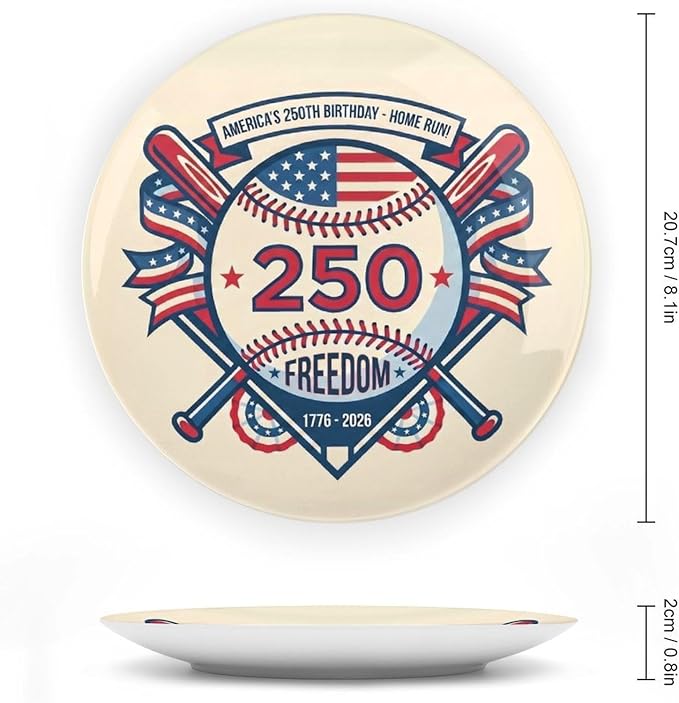 250th Anniversary Decorative Plates 8 Inch Baseball Theme Patriotic Decorations Commemorative Plates with Stand Independence Day 4th of July Semiquincentennial Decor
