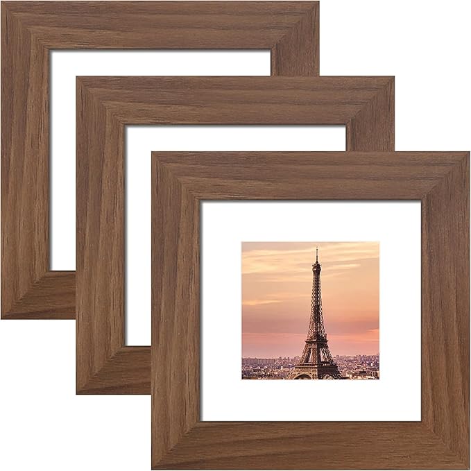4x4 Picture Frame 3 Pack - Brown Poster Frame Display Pictures 3x3 with Mat or 4 x 4 Without Mat for Wall Hanging Horizontal and Vertical