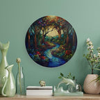 Stained Glass Theme Decorative Ceramic Plate Round Porcelain Plate,10 inch,Sunrise Forest Stream Pattern,for Decorative Ornaments Giving Plates, 1 Plate with 1 Display Stand,Multicolor