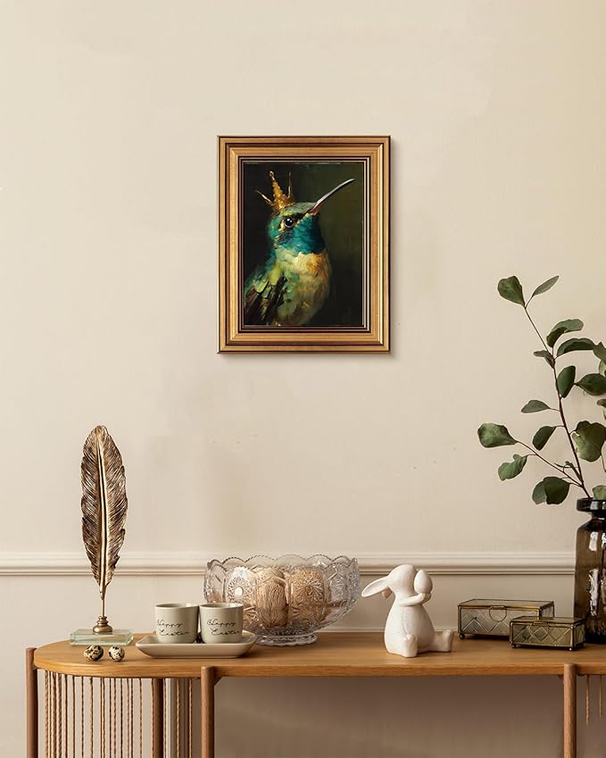 VIYYIEA Vintage Gold Framed Wall Art for Living Room, Hummingbird Canvas Prints Home Decor, Oil Painting Picture, Bedroom Wall Decor Gifts for Friends or Family -【King of Hummingbirds】-(10L x 8W)