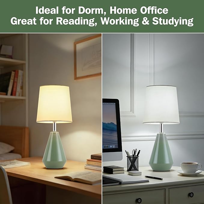 Small Bedside Table Lamp for Bedroom - Reading Desk Lamp with 3 Color Temperatures，15.5" Nightstand Ceramic Lamp with Fabric Shade for Kids Room,Living Room,Dorm,Home Office (Green)