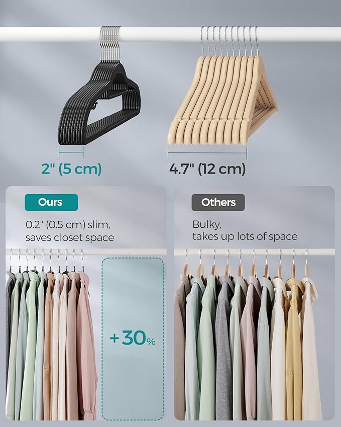 SONGMICS Pack of 30 Coat Hangers, Space-Saving Plastic Clothes Hangers, Non-Slip, 0.2 Inches Slim, 16.5 Inches Wide, 360° Swivel Silver Hook, Black UCRP20BK30