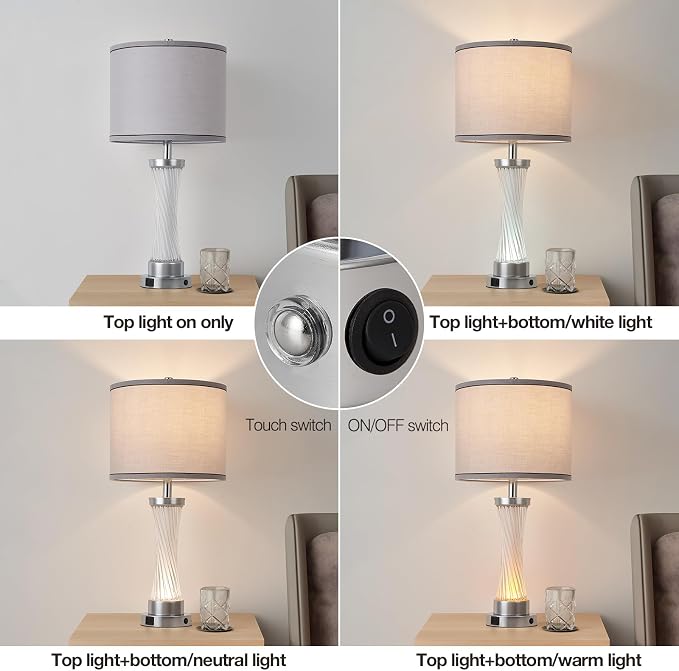 3-Way Dimmable Table Lamp Set of 2,Touch Control Lamp with Night Light,Modern Crystal Table Lamps for Bedroom,Living Room，Bedside Lamps with USB A+C Ports，Fabric Lampshade(Blubs Included)