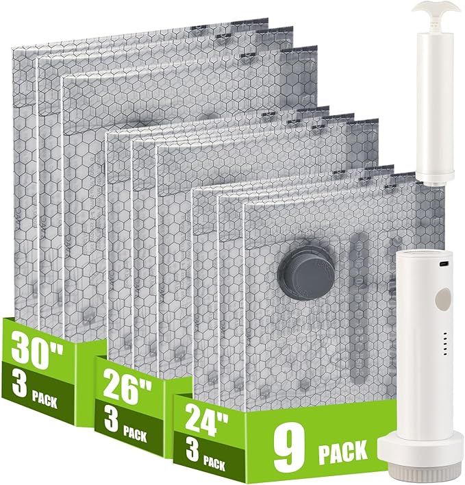 Travel Vacuum Storage Bags for Clothing with Rechargeable Air & Hand Pump, 9 Pack Portable Space Saver Bags, Compression Packing Seal for Luggage and Suitcase, Blankets, Seasonal Storage
