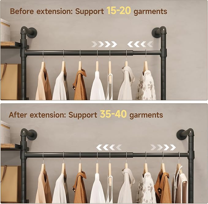 T3 Closet System with Stepless Dimmable LED Light, Industrial Pipe Clothing Rack with 4 Drawers, 6 Wooden Shelves & 4 Telescopic Rods, Heavy Duty Closet Organizers in Wardrobe Closet (Rustic Brown)