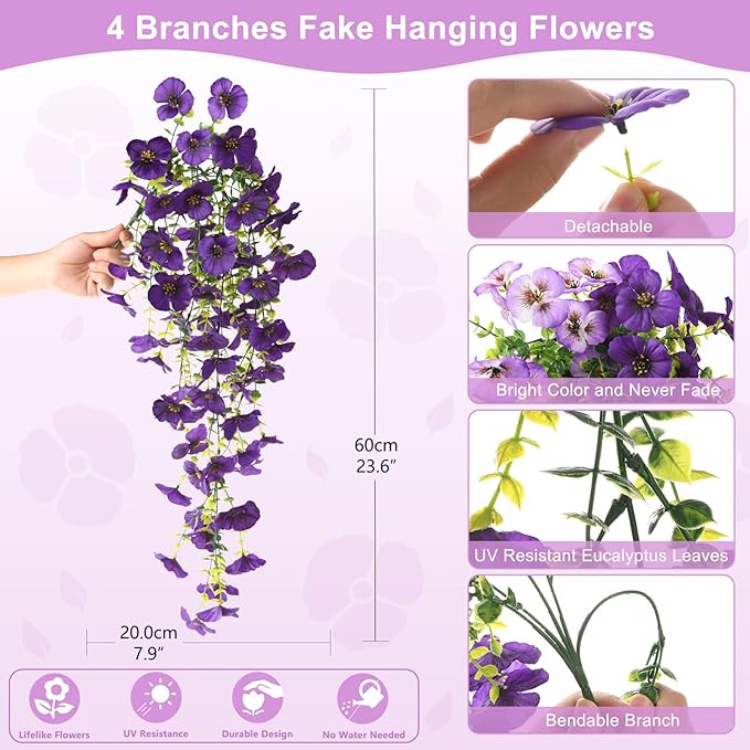Fake Artificial Flowers for Outdoors, 4 Pcs Faux Hanging Pansy Flowers Spring Summer Decor, UV Resistant Fake Plants Silk Flower for Planter Front Door Porch Patio Yard Garden(Gradient Double Purple)