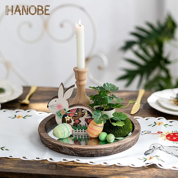 Hanobe Round Wood Decorative Tray: Rustic Wooden Tray for Coffee Table Farmhouse Centerpiece Mirror Candle Holder Vintage Mirrored Bar Plate Ottoman Topper for Home Decor Bathroom Kitchen