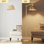 Oneach Farmhouse Floor Lamps for Living Room, Boho Floor Lamp for Bedroom with Foot Switch, Rattan Floor Lamp for Reading with Hand-Woven Shade, Antique White Metal Base & Pole