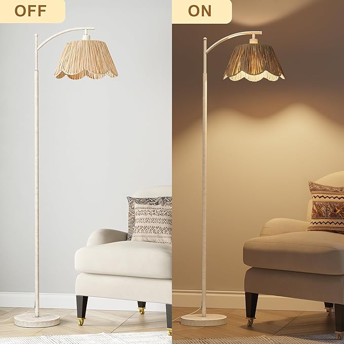 Oneach Farmhouse Floor Lamps for Living Room, Boho Floor Lamp for Bedroom with Foot Switch, Rattan Floor Lamp for Reading with Hand-Woven Shade, Antique White Metal Base & Pole