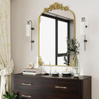 VooBang 26x38 inch Vintage Arched Bathroom Mirror - Gorgeous Wall Vanity Mirror with Beautiful Retro Top and Bottom Engraving Process Frame for Entryway Hallway Living Room, Gold