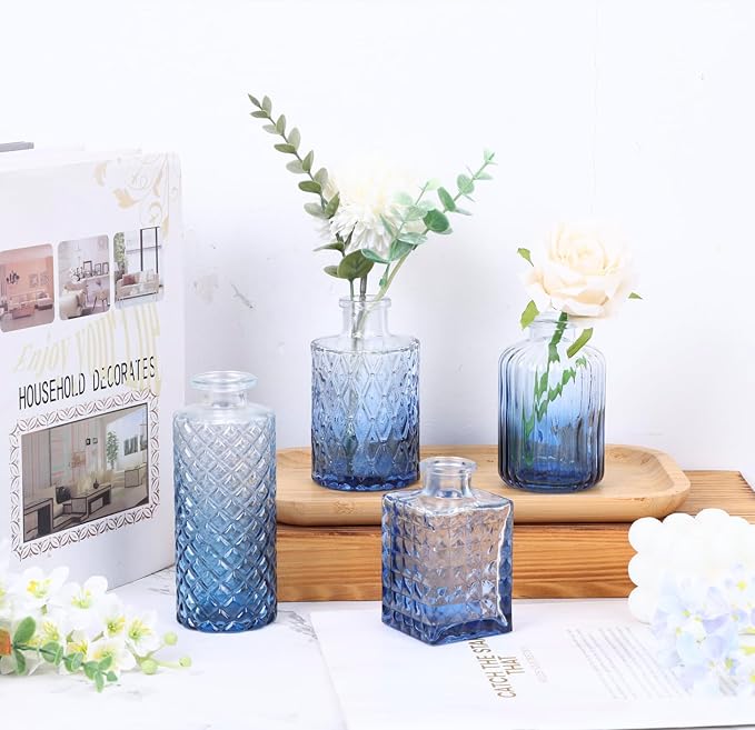 12 Pack Blue Glass Bud Vase Set, Small Vintage Vases for Centerpieces, Decorative Flower Vases for Wedding Home Table Decor