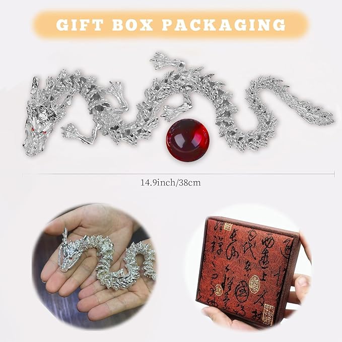 LIYAOLI 3D Printed Dragon Metal Articulated Dragon 2024 Chinese Dragon Statue Silver Dragon 15 Inch Flexible Joints Luck Dragon for Home Office Desk Decoration,with Red Dragon Gemstone Bead