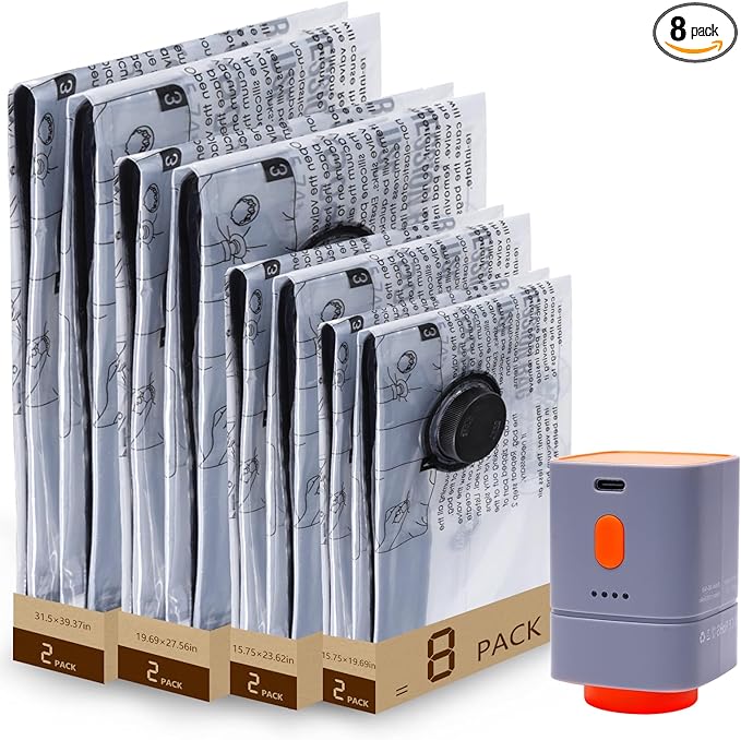 Fast-Charging Wireless Pump and 8 Pack Vacuum Compression Storage Bags,Multi-Size Combo 70% Space Saving for Clothing, Bedding & Seasonal Storage & Space Saver for Luggage