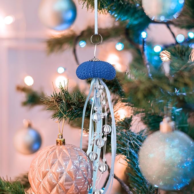 3 Pcs Sea Urchin Jellyfish Christmas Ornament Coastal Beaded Beach Theme Holiday Decor Ocean Inspired Hanging Jellyfish Decoration with Crystal and Ribbon (Dark Blue)