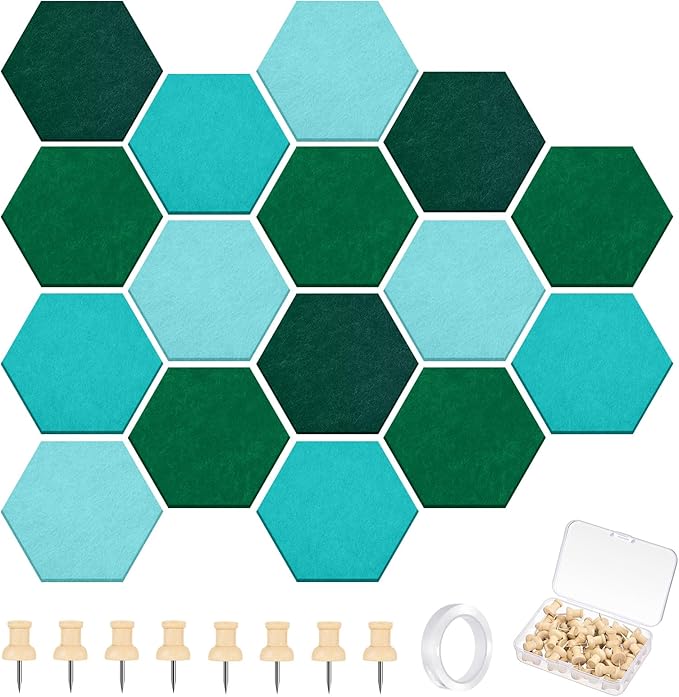 Mindsoft 16 Pcs Hexagon Cork Board for Walls with 50 Wooden Push Pins 6.7 x 5.9 in Felt DIY Tiles Notice with Nano Tape Hanging Bulletin Board for Home Photo Office Memo Note(Turquoise)