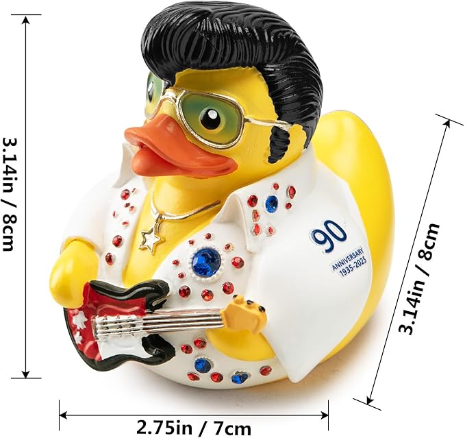 Elvis Duck Figurine, White Jumpsuit Design with Rhinestones, Decorative Collectible, 3.14 x 3.14 x 2.75 inches
