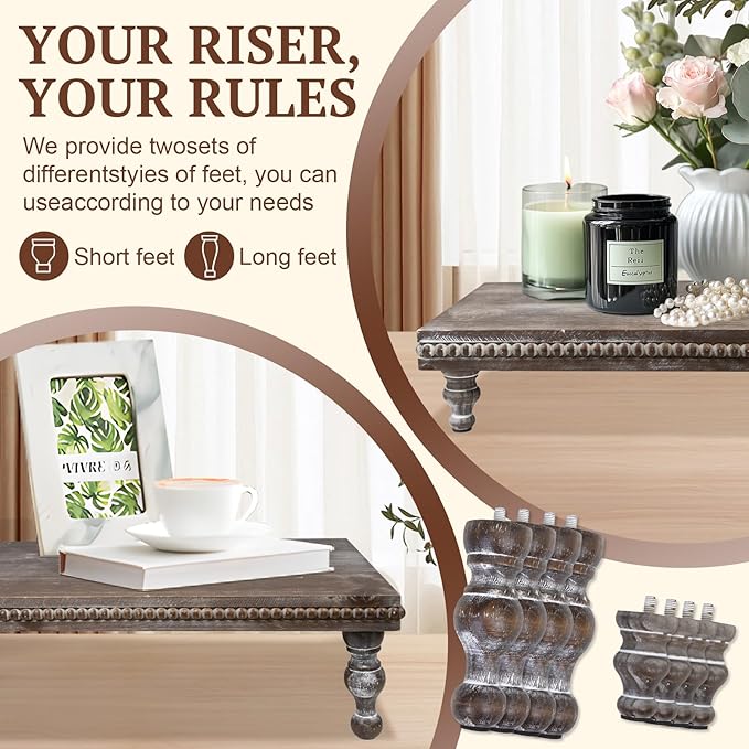 MAONAME Wood Display Risers Decorative Tray Set of 3, Farmhouse Pedestal Stand for Display Home Decor, Vintage Brown Beaded Wooden Tray for Kitchen Counter, Short and Tall Footed