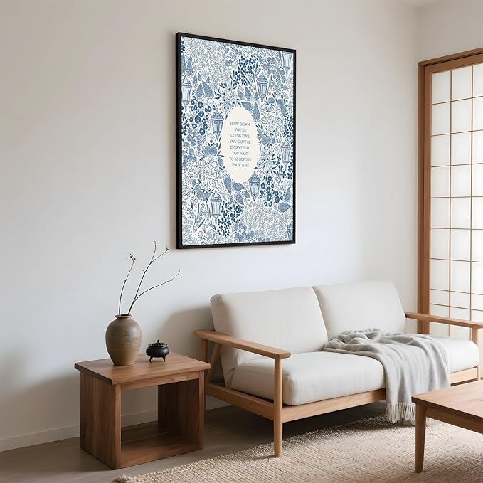 Framed Slow Down Youre Doing Fine Music Posters Motivational Quote Wall Art Blue Victorian Floral Inspirational Canvas Print Vintage Aesthetic Positive Affirmation Office Home Calming Decor 8x12inch