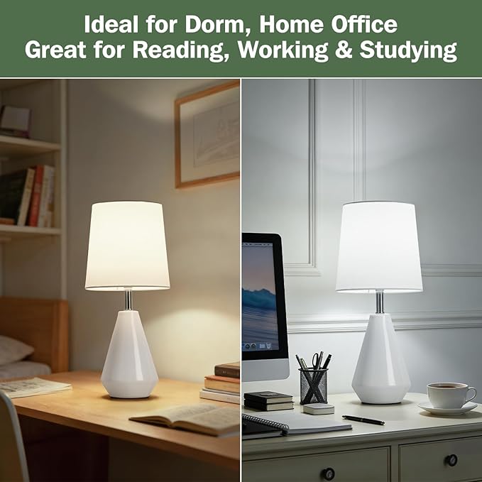 Small Bedside Table Lamp for Bedroom-Reading Desk Lamp Set of 2,with 3 Color Temperatures,15.5" Nightstand Ceramic Lamp with Fabric Shade for Kids Room,Living Room,Dorm,Home Office(White)