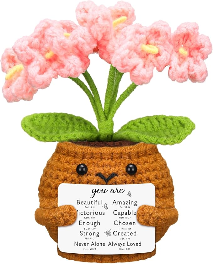 Wavwavw Christian Gift for Women Positive Handmade Crochet Doll with Bible Verse Prayer Card Inspirational Scripture Religious Crochet for Christmas Sunday Group Church(Forget Me Nots)