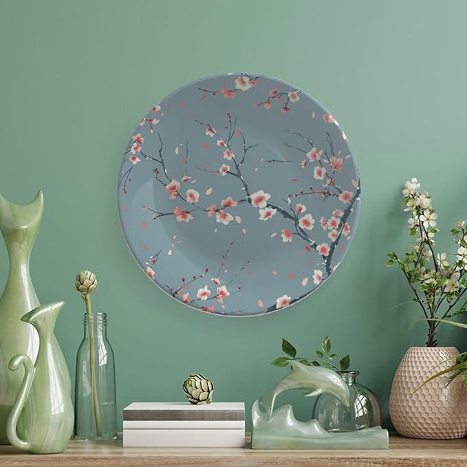 Japanese Spring Theme Decorative Ceramic Plate Round Porcelain Plate,Sakura Tree Branches Pattern,for Decorative Ornaments Giving Plates, 1 Plate with 1 Display Stand,Blue Pink,7 inch