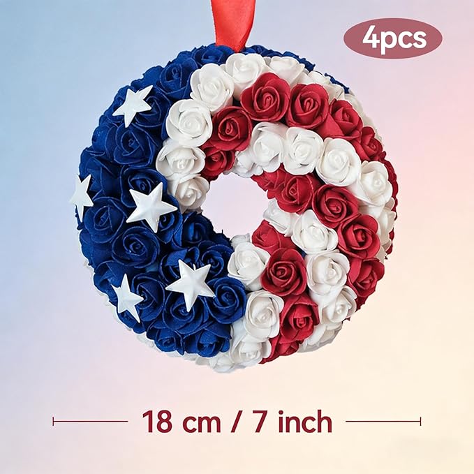 Idyllic 4 Pcs Patriotic Wreaths, 7 Inch 4th of July Decorations with Red White Blue PE Roses & 5 Stars - Includes Hanging Ribbons, Independence Day Wreaths for Front Door, Windows, Multi-Pack