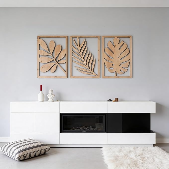 qmmp Modern Wooden Wall Sculptures - Set of 3 - Home Decor Accent - Large Wall Art for Living Room, Bedroom, Office - Easy Installation (Oak, XLarge - Tree Leaves)