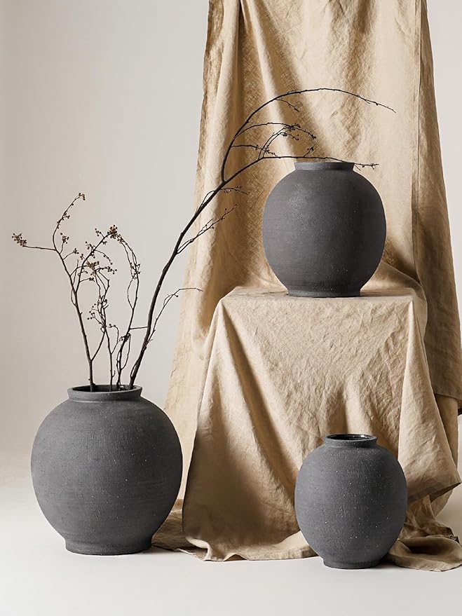 Large Blak Ceramic Vase - 9.8 Inch Rustic Farmhouse Vase for Home Decor, Minimalist Tall Vases for Living Room, Table, Bathroom, Holiday & Weddings (Sandstone Black)