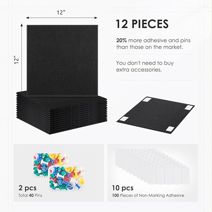 Large Felt Bulletin Board 48" x 36", Cork Board Alternative, 12 Pack Felt Wall Tiles with Push Pins and Adhesive Tabs, Cork Boards for Walls Pin Board for Office & HomePanels, Black