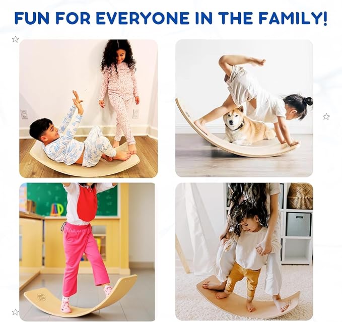 Giggle & Play 36" Wooden Balance Board – Natural Curvy Wobble Board for Kids, Toddlers & Adults, Montessori Rocker Toy, Yoga Trainer for Office, Home, Classroom Use
