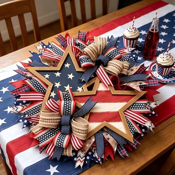 4th of July Decorations Outdoor Patriotic Wreaths for Front Door 250th Anniversary Decorations Red White and Blue American Flag Wreath (Patriotic Star)