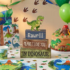 Lineshading 4 Pcs Dinosaur Table Decorations Wooden Dinosaur Decor Dino Safari Party Centerpieces for Table Jungle Animal Theme Baby Shower Tabletop Stand for Boys Girls Birthday Party Decorations