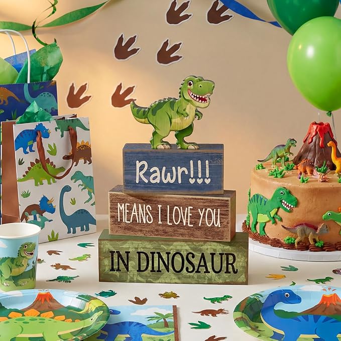 Lineshading 4 Pcs Dinosaur Table Decorations Wooden Dinosaur Decor Dino Safari Party Centerpieces for Table Jungle Animal Theme Baby Shower Tabletop Stand for Boys Girls Birthday Party Decorations