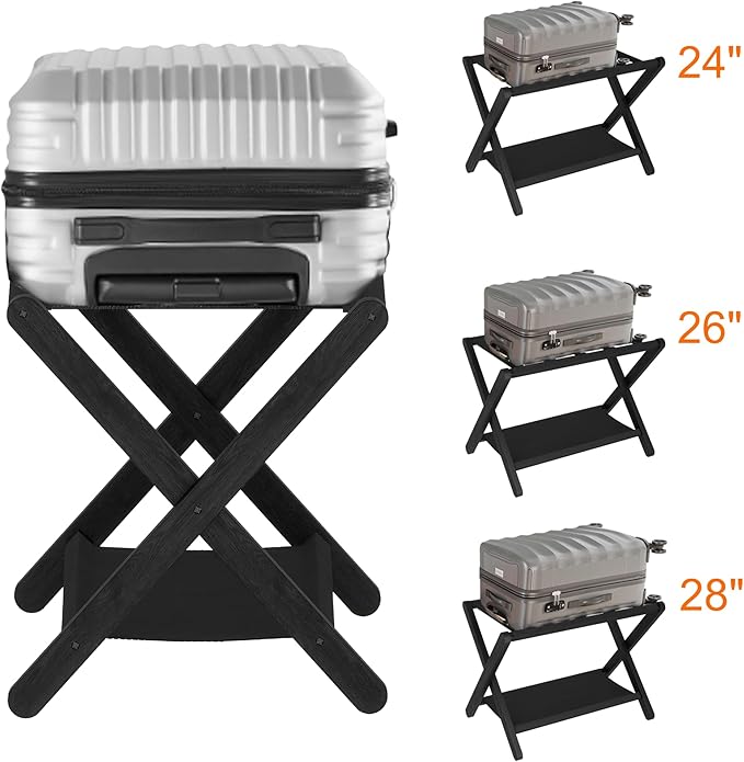 Heybly Luggage Rack, Pack of 2, Folding Suitcase Stand with Storage Shelf, Heavy-Duty Luggage Holder for Guest Room Bedroom Hotel, Holds up to 165 lb,Black, HLR010B2