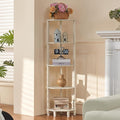 YUFAM 5-Tier Corner Shelf with Sturdy 5-Leg Base, Wooden Corner Bookshelf for Small Spaces, Corner Standing Shelf for Living Room, Bedroom, Office, Grey White