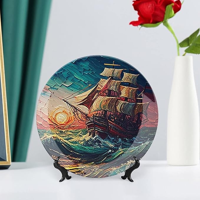 Decorative Plate for Home, Ocean Sailing Ship at Sunset Painting Tray for Table Display, Ceramic Dinner Plate w/Stand, Living Room Dining Room Decor, Housewarming Gifts, 8 Inch